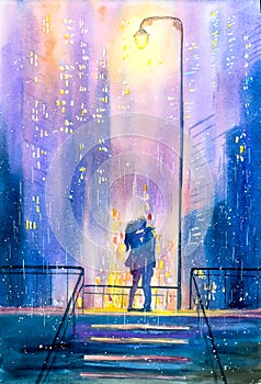 Watercolor Painting - Couple Under Starry Night sky