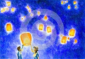 Watercolor Painting - Couple Under Starry Night sky