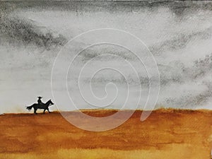 Watercolor painting cowboy and horse landscape countryside in the field.