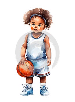 Watercolor and painting cute African American baby doll girl cartoon is playing basketball isolated on white background