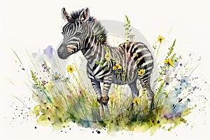 Watercolor painting of a cute baby zebra on a blooming meadow. Baby zebra. generative ai. Aquarelle illustration