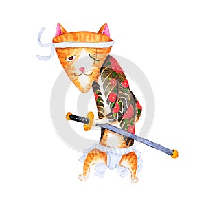 Watercolor painting cute cat cartoon art design of Japanese yakuza gang