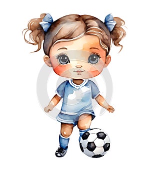 Watercolor and painting cute Caucasian baby doll girl cartoon is playing soccer or Football isolated on white background
