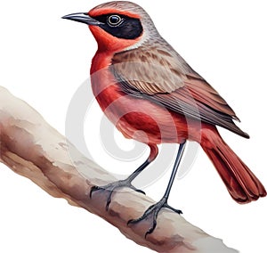 Watercolor painting of a cute crimson chat bird. AI-Generated photo