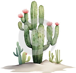 Watercolor painting of a cute Desert Cactus.Cactus clipart.