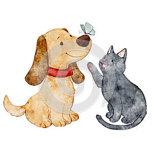Watercolor painting of a cute dog and a cat playing