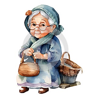 Watercolor and painting cute elderly old woman doll with woven basket cartoon isolated on white background