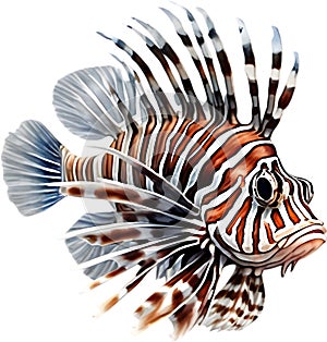 Watercolor painting of a cute lionfish (Pterois). AI-Generated.