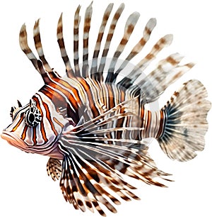 Watercolor painting of a cute lionfish (Pterois). AI-Generated.