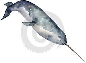 Watercolor painting of a cute Narwhal (Monodon monoceros). AI-Generated.