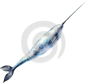 Watercolor painting of a cute Narwhal (Monodon monoceros). AI-Generated.