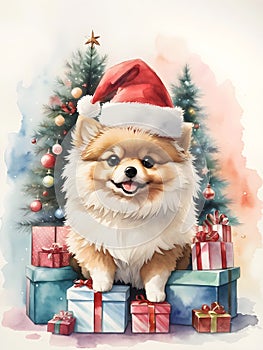 Watercolor painting of cute Pomeranian dog in Santa Claus hat, sitting among gift boxes and Christmas tree on background