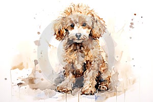 Watercolor painting of cute poodle dog on a clean background. Pet. Animals. Mammals.