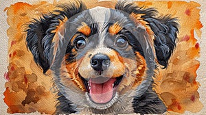 Watercolor painting of a cute puppy looking happy with its mouth open and pink tongue hanging out