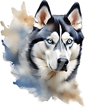 Watercolor painting of a cute Siberian Husky dog. AI-Generated.