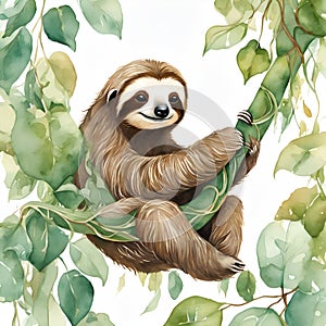 Watercolor and painting cute Sloth on branch tree. Jungle Animal Illustration