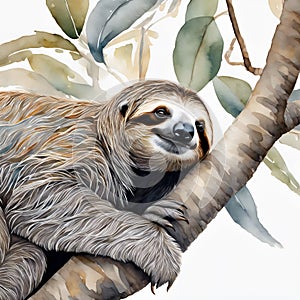 Watercolor and painting cute Sloth on branch tree. Jungle Animal Illustration
