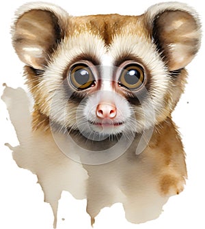 Watercolor painting of a cute Slow Loris (Nycticebus). AI-Generated.