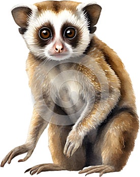 Watercolor painting of a cute Slow Loris (Nycticebus). AI-Generated.