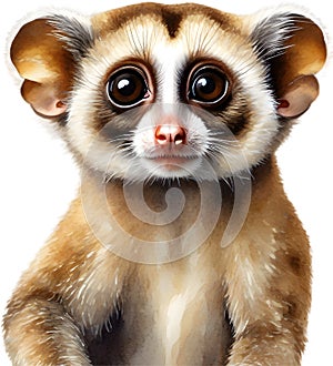 Watercolor painting of a cute Slow Loris (Nycticebus). AI-Generated.