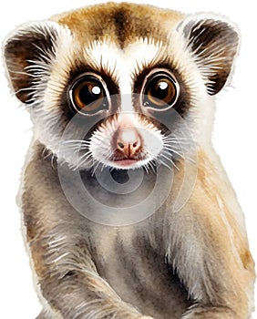 Watercolor painting of a cute Slow Loris (Nycticebus). AI-Generated.