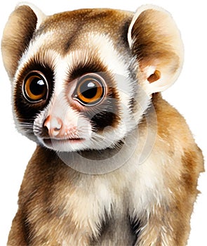 Watercolor painting of a cute Slow Loris (Nycticebus). AI-Generated.