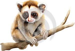 Watercolor painting of a cute Slow Loris (Nycticebus). AI-Generated.