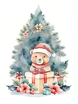 Watercolor painting of cute teddy bear in Santa Claus hat with Christmas tree and gifts