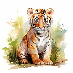 watercolor painting of a cute tiger on white background generative AI