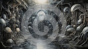 Watercolor painting: A dark, subterranean labyrinth, filled with nightmarish, biomechanical creatures and unsettling traps,
