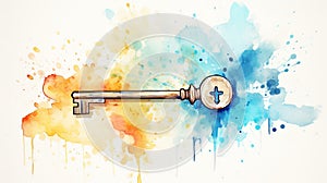 Watercolor painting of a decorative key. Concept of mystery, vintage charm, unlocking, creative design, antique keys
