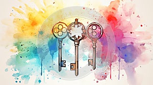 Watercolor painting of a decorative keys. Concept of mystery, vintage charm, unlocking, creative design, antique keys