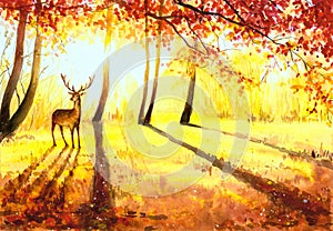 Watercolor Painting - Deer in Autumn Forest