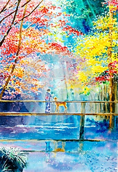 Watercolor Painting - Deer with Geisha in autumn Kyoto, Japan