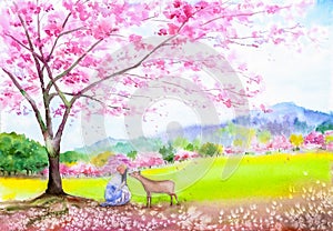 Watercolor Painting - Deer with Sakura Tree