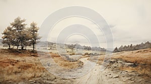 Watercolor Painting Of A Delicately Rendered Dirt Road In A Field