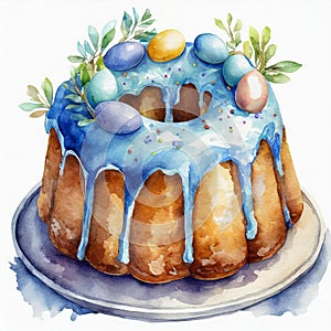 Watercolor painting of delicious Easter bundt cake with blue glazing isolated on white