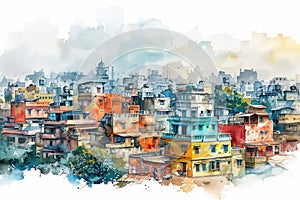 A watercolor painting of a dense cityscape with many colorful buildings