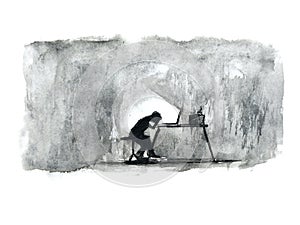 Watercolor painting depressed man sitting in the dark