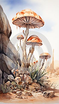 Watercolor painting: A desert fungi species, adapted to the harsh conditions, growing in the shade of a rock or beneath a desert photo