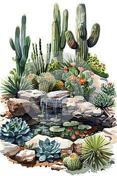 A watercolor painting of a desert garden with cacti and succulents near a pond