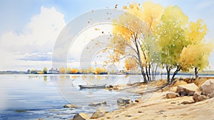 Watercolor Painting Of Dnieper River Shoreline With Willow And Poplar Trees