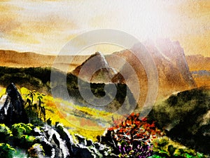 Watercolor painting Doi Luang Chiangdao is the 3rd mountain highest in chiangmai thailand under sunset as travel background