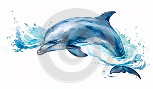 Watercolor painting of dolphin jumping out of water. AI generated