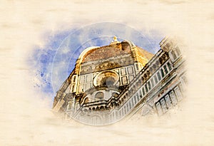 Watercolor painting of Dome of Santa Maria del Fiore Cathedral in Florence