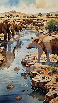 Watercolor painting: A drought causing animals to congregate around limited water sources, their struggle for resources a photo