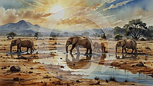 Watercolor painting: A drought causing animals to congregate around limited water sources, their struggle for resources a photo