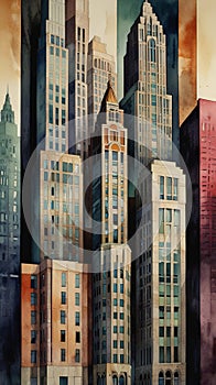 Watercolor Painting: This dynamic Art Deco collage pays homage to iconic skyscrapers that defined cityscapes during the era. photo