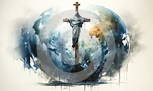 Watercolor painting of Earth cradled by a Christian cross, representing global faith, spirituality, world religions, and the