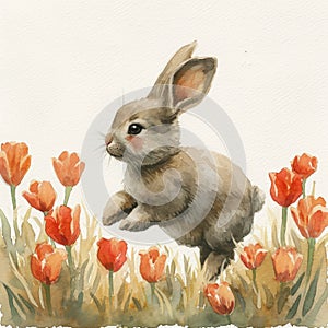 Watercolor Painting of a Easter Bunny Hopping Over a Field of Tulips AI Generated